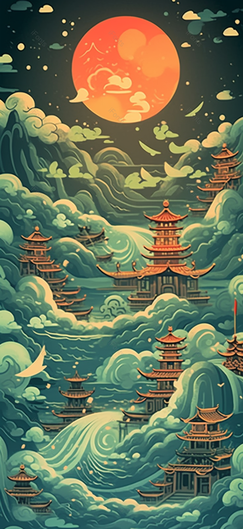 红日下楼阁中国风传统古典祥云插画,插画/手绘图,插画/手绘图库,插画/手绘图下载,插画/手绘
